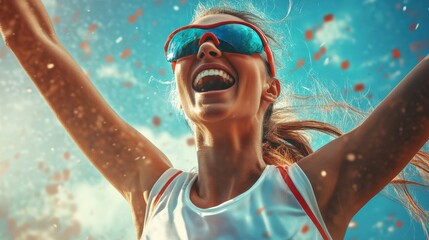 Joyful female athlete celebrating victory with arms raised under blue sky