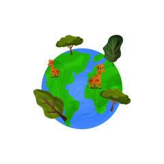 Watercolor earth world globe with trees and animals. Nature eco environment ecology planet. Eco-friendly, save the planet and world environment day