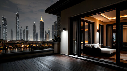 Luxurious balcony overlooking a modern city at nighttime with lights