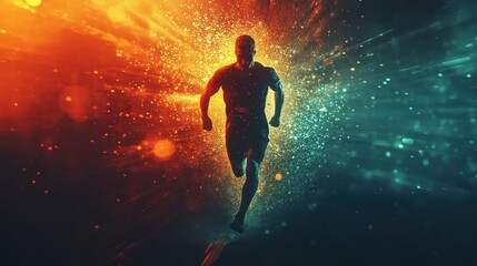 Naklejka premium Dynamic silhouette of running male in vibrant orange and blue explosive light