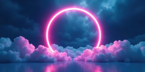 Ethereal Pink Neon Circle Above Dreamlike Cloudscape Reflecting in Calm Waters
