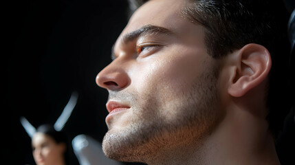A handsome man is looking pensively to the side in thought
