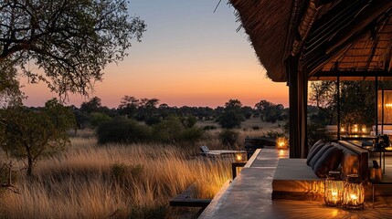 Sunset view from luxury safari lodge deck.