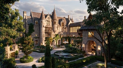 Naklejka premium Majestic stone castle with courtyard garden at sunset.