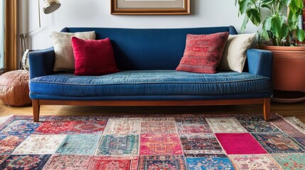 Colorful vintage patchwork rug bringing character to a stylish eclectic apartment