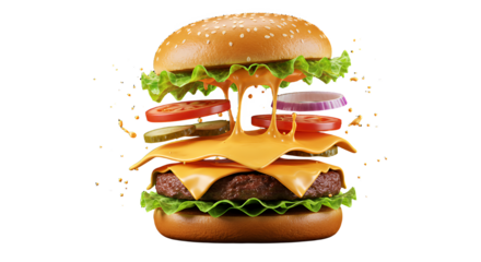 Floating Hamburger with Cheese and Fresh Vegetables Exploding in Air