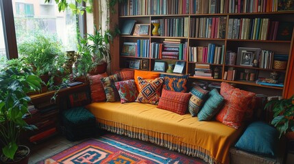Cozy reading nook with colorful pillows and lush green plants in home library