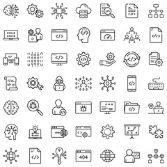 Programming and Software Development Icons Set – Coding, Web Development, AI, Cybersecurity, Data Science, Cloud Computing, Software Engineering, Bug Fixing, Digital Innovation, IT Solutions, Outline 