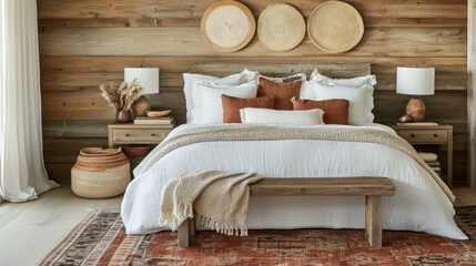 Cozy bedroom with layered bedding, soft lighting, and natural decor elements for a warm and inviting feel