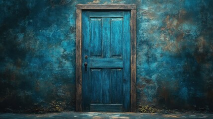 Rustic blue door against weathered wall in vintage setting