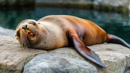 Fototapeta premium Relaxed sea lion resting on rocks near water.