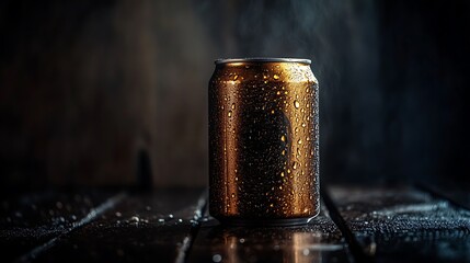 Icy Refreshment Metal Can with Condensation on Dark Wooden Surface