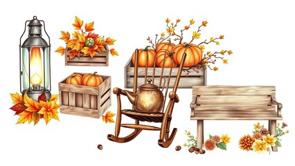 Obraz premium Autumn Harvest Pumpkins Lantern Rocking Chair Bench Fall Leaves