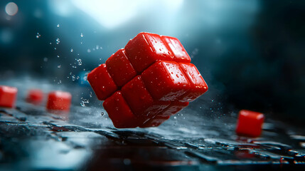 A red cube composed of smaller cubes and water droplets