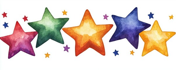 Watercolor Stars Composition on White Backdrop Artwork with Rainbow Spectrum Hues and Decorative Elements Galore