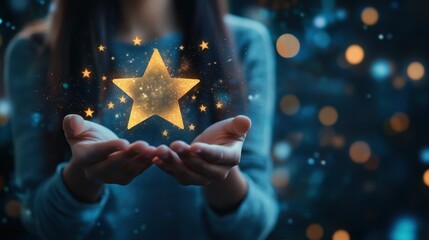 Young female holding glowing star with bokeh lights in background