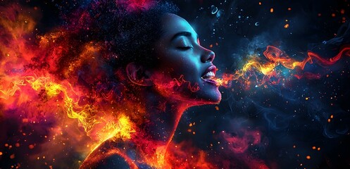 Empowered Activist Delivering Passionate Message in Radiant Cosmic Portrait