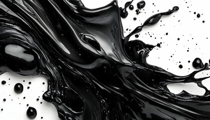 Abstract black liquid swirls and splatters on white background  Dynamic glossy texture