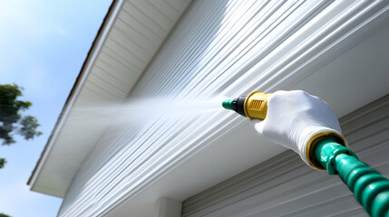 Person sprays a white house siding with a garden water hose