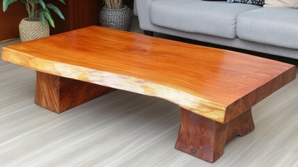 Handmade wooden coffee table with a raw edge and natural wood texture