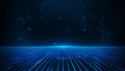 Futuristic blue digital grid floor extending into a starry tech background in perspective
