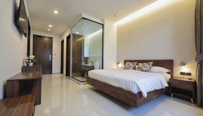 Modern bedroom with wooden furniture and bright lighting