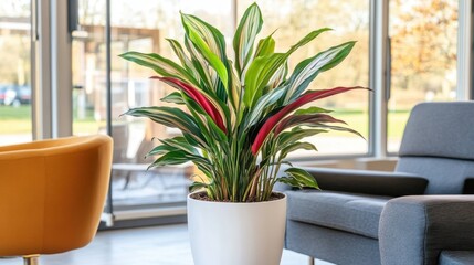 Fototapeta premium Large leafy calathea plant in a stylish contemporary interior with warm wooden accents