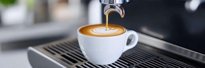 Close-up of creamy Cappuccino pouring from coffee machine