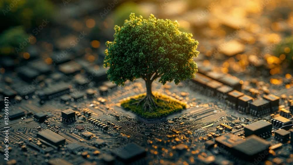 Poster Tree on a computer circuit board illuminated by sunlight. Technology and nature concept