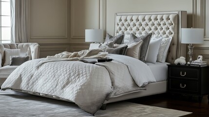 Luxury hotel-style bedroom with plush bedding, a stylish headboard, and decorative accents