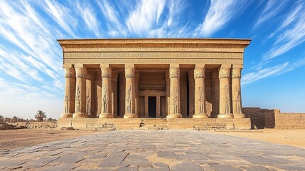 Obraz premium Ancient egyptian temple with columns and hieroglyphs under dramatic sky