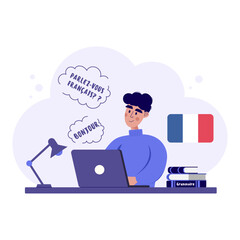Online language school. Male student learns French online.Online education concept. Particular French lessons.French teacher.Vector illustration  © MonkeyS