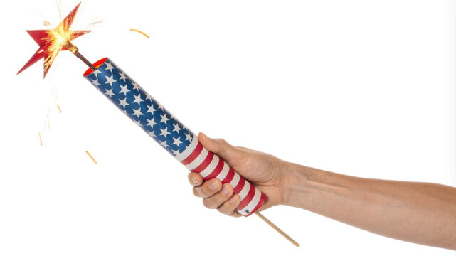  Hand holding a lit firecracker with American flag design. Use for 4th of July themes, celebration blogs, patriotic designs, firework safety, holiday events.