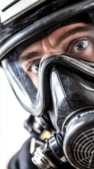 Fototapeta premium Closeup Portrait Firefighter Respirator Safety Gear
