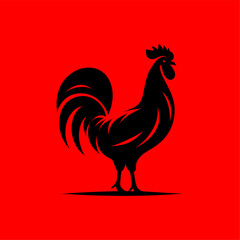 Bold Black Rooster Silhouette on Red Background