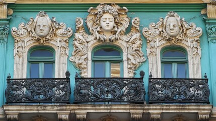 Ornate architectural facade with sculpted faces and balcony details