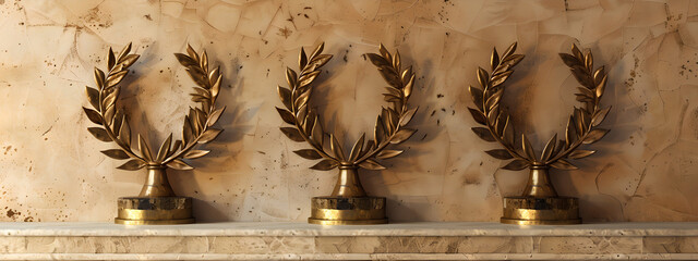 Three laurel wreath standing trophies on a shelf, representing honor, victory, and recognition in a classic and elegant setting.