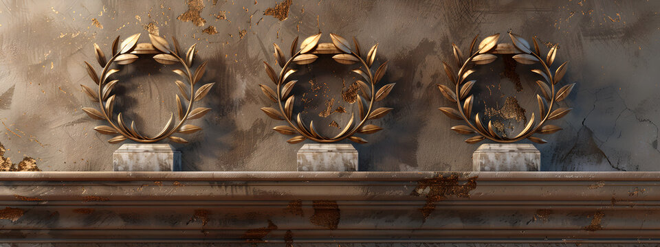 Three laurel wreath standing trophies on a shelf, representing honor, victory, and recognition in a classic and elegant setting.