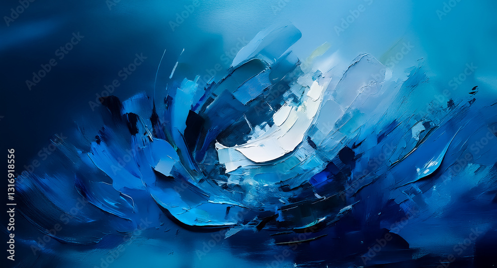 Poster abstract painting with dynamic blue brushstrokes creates a swirling, textured composition. deep and 