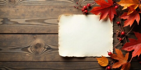 Obraz premium Rustic Wooden Background Featuring Autumn Leaves, Berries, and Blank Antique Paper for Seasonal Message or Design