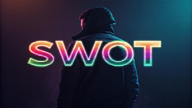 SWOT in glitch style typography with vibrant colors and mysterious figure in background creates intriguing atmosphere