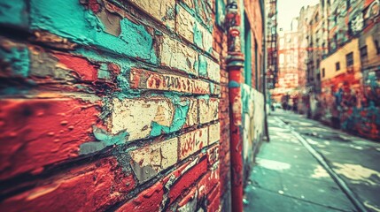 Fototapeta premium Vibrant Urban Alleyway: A Colorful Brick Wall and Graffiti Art