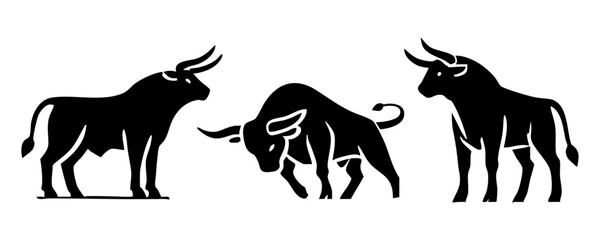 Stylized silhouette of three bulls in dynamic poses
