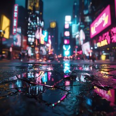 Fototapeta premium Reflections of Neon Lights on Wet Urban Streets at Night