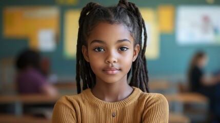 African female child in classroom setting with focused expression