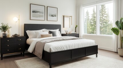 Minimalist monochrome bedroom with white walls, black furniture, and subtle geometric patterns