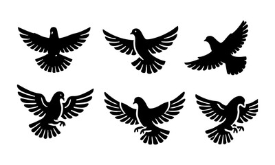 Stylized silhouettes of flying birds in various poses