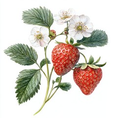 Watercolor Strawberry Plant with Blossoms and Berries Botanical Illustration on White Background