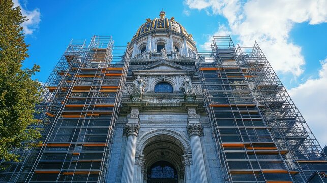 Restoration work on historic building dome with scaffolding against blue sky
