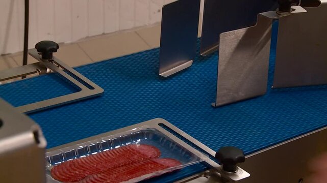 the meat processing plant is in operation carcasses are hanging in the refrigerator conveyor belt with products cutting and packing sausages